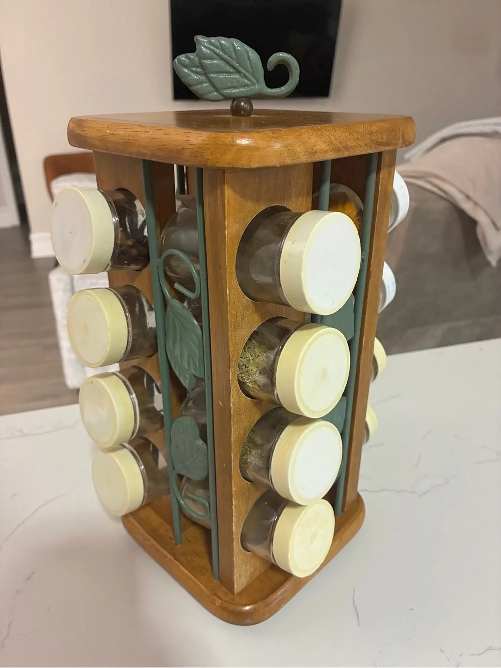 Vintage Wooden Rotating Spice Rack with Leaf Accents and White Lidded Jars
